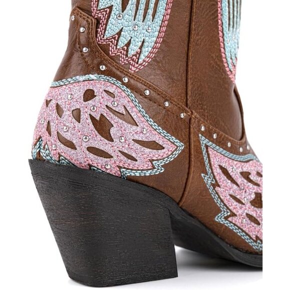 ⚡Women's Brown Western Cowgirl Boot Embroidery Angel Wings Mid Calf Pointed Toe - Picture 8 of 8